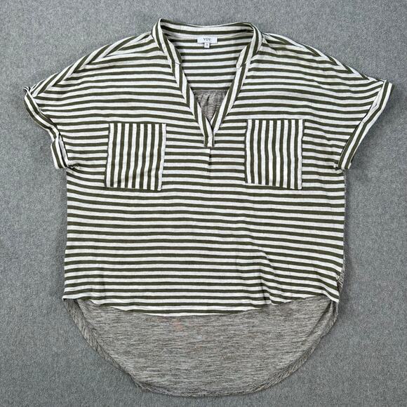 Voy HIgh Low Stripe Top Women's Small Green Short Sleeve Mixed Media Pockets - Picture 1 of 8